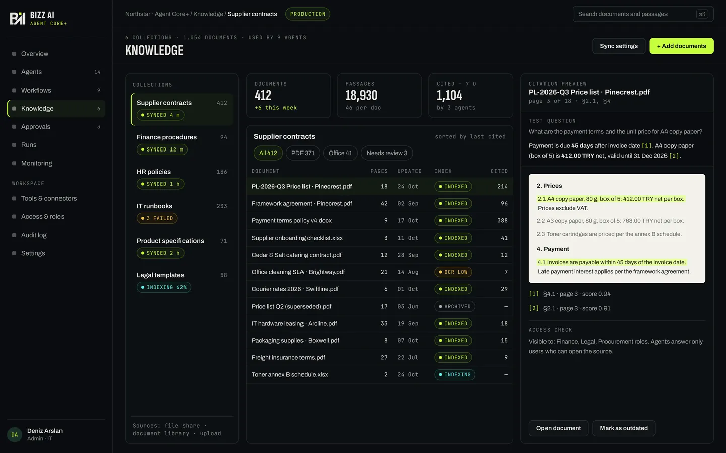 Agent Core+ — Knowledge base and source preview
