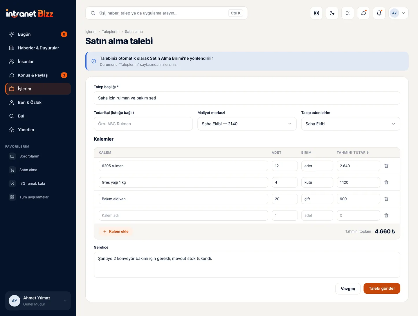 Intranet Bizz — Purchase request