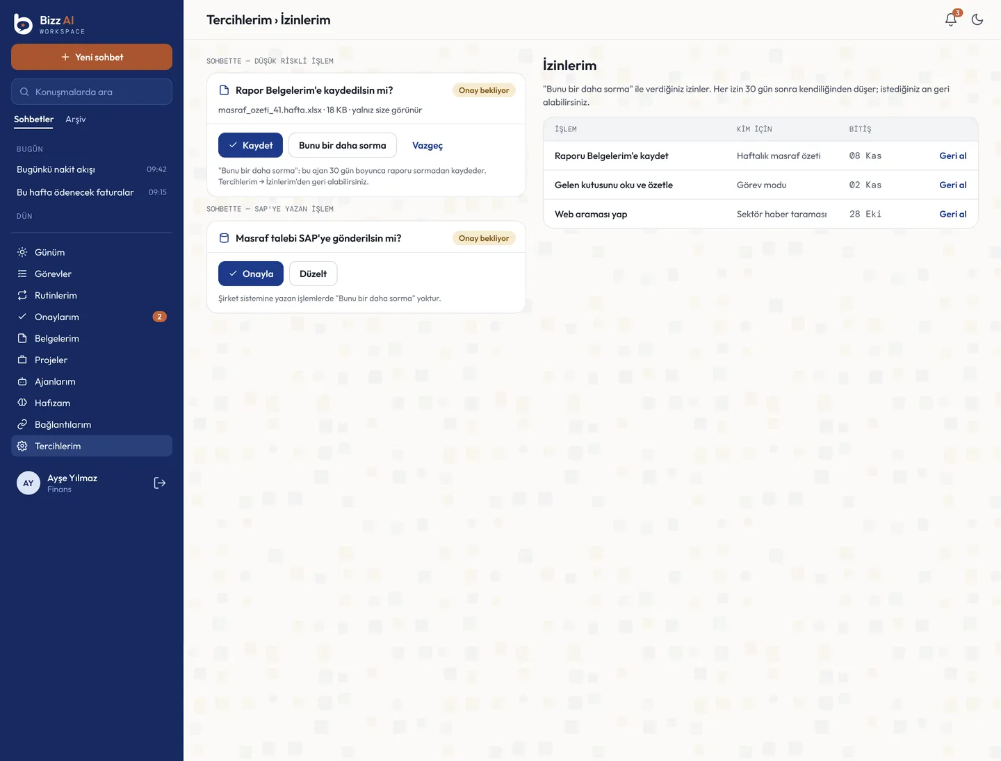 Bizz AI Workspace — Approval card and my leave